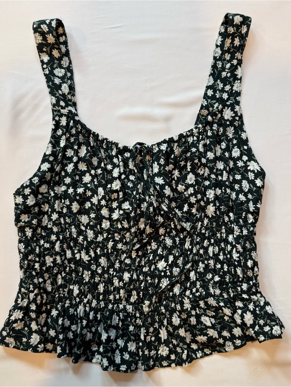 Bamboo Blonde Dark Green Floral Smocked Tank with White Flowers